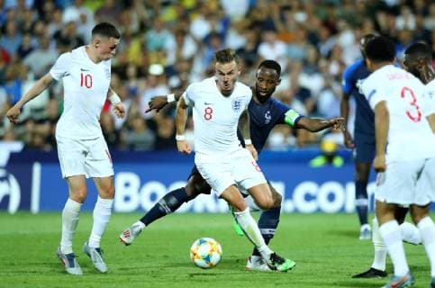June 18, 2019 - Cesena, Italy - James Maddison of England and Moussa Dembele of France during the UEFA Under 21 Championship Group C match England v France at the Dino Manuzzi Stadium in Cesena,Italy on June 18, 2019. England v France - UEFA U-21 Championship  - ZUMAn230 20190618_zaa_n230_961 Copyright: xMatteoxCiambellix