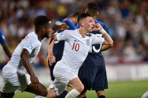 June 18, 2019 - Cesena, ITA, Italy - Phil Foden of England celebrates scoring first goal during the 2019 UEFA EURO, EM, Europameisterschaft,Fussball U-21 Championship match between England U-21 and France U-21 at Orogel Stadium Dino Manuzzi , Cesena, Italy on 18 June 2019. England v France: Group C - 2019 UEFA U-21 Championship  - ZUMAn230 20190618_zaa_n230_999 Copyright: xGiuseppexMaffiax