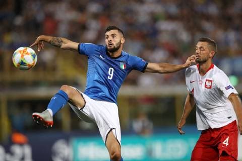 Sport Bilder des Tages Patrick Cutrone of Italy and Mateusz Wieteska of Poland during the UEFA Under-21 Championship 2019 match at Renato Dall Ara, Bologna. Picture date: 19th June 2019. Picture credit should read: Jonathan Moscrop Sportimage EDITORIAL USE ONLY. No use with unauthorised audio, video, data, fixture lists, club league logos or live services. Online in-match use limited to 120 images, no video emulation. No use in betting, games or single club league player publications. SPI-0102-0002