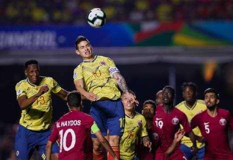 Colombia vs Qatar SÃO PAULO, SP - 19.06.2019: COLOMBIA VS QATAR - James Rodríguez of Colombia tries to head ball during a match between Colombia and Qatar, valid for the group stage of the Copa America 2019, held this Wednesday (19) at the Estádio do Morumbi in São Paulo, SP. (Photo: Marcelo Machado de Melo Fotoarena) x1750250x  MarceloxMachadoxdexMelo
