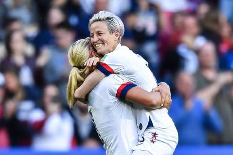 Lindsey Horan, left, of United States women s national soccer team celebrates with Megan Rapinoe after scoring against Sweden women s national football team in the third round match of Group F match during the FIFA Women s World Cup France 2019 in Paris, France, 20 June 2019. The United States came out the last but record-setting group leaders to make the FIFA Women s World Cup knockouts after beating Sweden 2-0 in Le Havre, France on Thursday. U.S. reach World Cup last 16 on record-breaking goals  bjl11090989