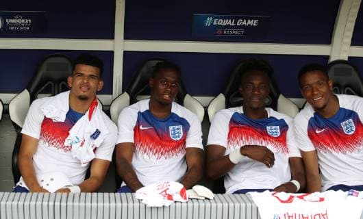 Dominic Solanka, Aaron Wan-Bissaka, Tammy Abraham and Ezril Konsa during the UEFA Under-21 Championship 2019 match at San Marino Stadium, Serravalle. Picture date: 21st June 2019. Picture credit should read: Jonathan Moscrop Sportimage EDITORIAL USE ONLY. No use with unauthorised audio, video, data, fixture lists, club league logos or live services. Online in-match use limited to 120 images, no video emulation. No use in betting, games or single club league player publications. SPI-0103-0002