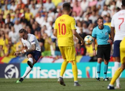 James Maddison of England takes a shot on goal during the UEFA Under-21 Championship 2019 match at San Marino Stadium, Serravalle. Picture date: 21st June 2019. Picture credit should read: Jonathan Moscrop Sportimage EDITORIAL USE ONLY. No use with unauthorised audio, video, data, fixture lists, club league logos or live services. Online in-match use limited to 120 images, no video emulation. No use in betting, games or single club league player publications. SPI-0103-0003