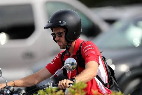 Le Castellet, France, 21.06.2019, Formel 1, Formula 1, French Grand Prix, Sebastian Vettel (GER 5), Scuderia Ferrari Mission Winnow kommt mit dem Motorrad in das Fahrerlager gefahren. ( Defodi-09-506-033765