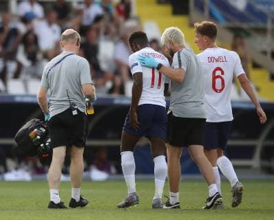 Ryan Sessegnon of England leaves the game injured during the UEFA Under-21 Championship 2019 match at San Marino Stadium, Serravalle. Picture date: 21st June 2019. Picture credit should read: Jonathan Moscrop Sportimage EDITORIAL USE ONLY. No use with unauthorised audio, video, data, fixture lists, club league logos or live services. Online in-match use limited to 120 images, no video emulation. No use in betting, games or single club league player publications. SPI-0103-0014