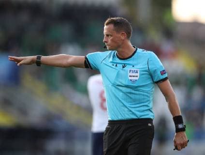 Referee Andreas Ekberg gives a penalty during the UEFA Under-21 Championship 2019 match at San Marino Stadium, Serravalle. Picture date: 21st June 2019. Picture credit should read: Jonathan Moscrop Sportimage EDITORIAL USE ONLY. No use with unauthorised audio, video, data, fixture lists, club league logos or live services. Online in-match use limited to 120 images, no video emulation. No use in betting, games or single club league player publications. SPI-0103-0021