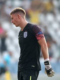 Dean Henderson of England dejected following the Romainian third goal during the UEFA Under-21 Championship 2019 match at San Marino Stadium, Serravalle. Picture date: 21st June 2019. Picture credit should read: Jonathan Moscrop Sportimage EDITORIAL USE ONLY. No use with unauthorised audio, video, data, fixture lists, club league logos or live services. Online in-match use limited to 120 images, no video emulation. No use in betting, games or single club league player publications. SPI-0103-0030