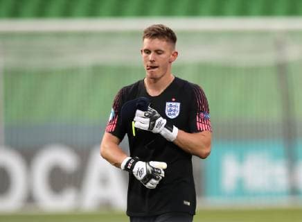 Dean Henderson of England dejected during the UEFA Under-21 Championship 2019 match at San Marino Stadium, Serravalle. Picture date: 21st June 2019. Picture credit should read: Jonathan Moscrop Sportimage EDITORIAL USE ONLY. No use with unauthorised audio, video, data, fixture lists, club league logos or live services. Online in-match use limited to 120 images, no video emulation. No use in betting, games or single club league player publications. SPI-0103-0032