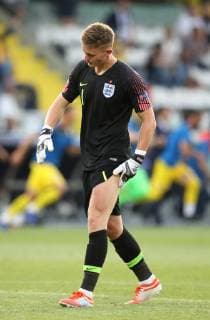 Dejected Dean Henderson of England during the UEFA Under-21 Championship 2019 match at San Marino Stadium, Serravalle. Picture date: 21st June 2019. Picture credit should read: Jonathan Moscrop Sportimage EDITORIAL USE ONLY. No use with unauthorised audio, video, data, fixture lists, club league logos or live services. Online in-match use limited to 120 images, no video emulation. No use in betting, games or single club league player publications. SPI-0103-0035