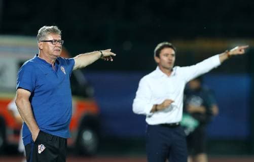 June 21, 2019 - Serravalle, Italy - Croatia coach Nenad Gracan and France coach Sylvain Ripoll during the UEFA Under 21 Championship Group C match France v Croatia at the San Marino Olimpic Stadium in Serravalle, Italy on June 21, 2019. France v Croatia - UEFA U-21 Championship  - ZUMAn230 20190621_zaa_n230_657 Copyright: xMatteoxCiambellix