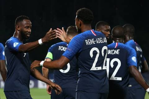Moussa Dembele of France celebrates with team mates after scoring a goal Serravalle 21-06-2019 Stadio San Marino Stadium Football UEFA Under 21 Championship Italy 2019 Group Stage - Final Tournament Group C France - Croatia Photo Cesare Purini Insidefoto CesarexPurini