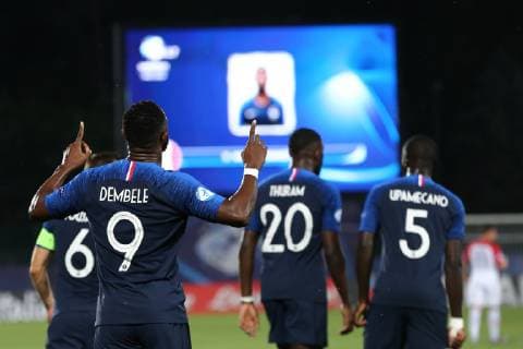 Moussa Dembele of France celebrates with team mates after scoring a goal Serravalle 21-06-2019 Stadio San Marino Stadium Football UEFA Under 21 Championship Italy 2019 Group Stage - Final Tournament Group C France - Croatia Photo Cesare Purini Insidefoto CesarexPurini
