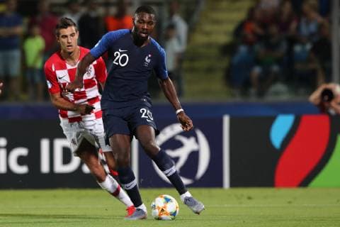 Nikola Moro of Croatia and Marcus Thuram of France compete for the ball Serravalle 21-06-2019 Stadio San Marino Stadium Football UEFA Under 21 Championship Italy 2019 Group Stage - Final Tournament Group C France - Croatia Photo Cesare Purini Insidefoto CesarexPurini