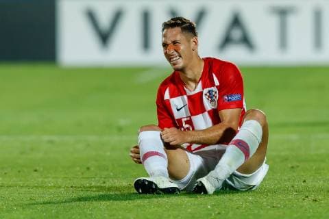 Serravalle, San Marino, 21.06.2019, UEFA U-21 Europameisterschaft Italien 2019, Gruppenphase, Gruppe C, Frankreich - Kroatien, Nikola Katic (CRO) am Boden ( Defodi-01048-183196