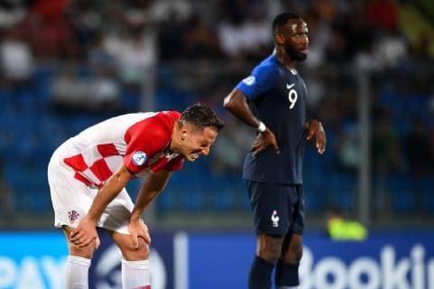Photo Massimo Paolone LaPresse June 21, 2019 San Marino, San Marino soccer France vs Croatia - UEFA Under 21 Championship Italy 2019 - Group stage final tournament Group C - "San Marino - Serravalle" stadium. In the pic: Nikola Katic (Croazia) with head down  Copyright: xMassimoxPaolone LaPressex