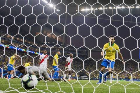 June 22nd 2019, Arena Corinthians Stadium, Sao Paulo, Brazil; Copa America international football tournament, Brazil versus Peru; Marquinhos of Brazil celebrates the goal from the Willian for 0-5  ActionPlus12146953 L& xe9;oxPinheiro
