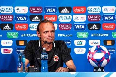 190623 Kenneth Heiner-Moller ,head coach of Canada during a press conference, PK, Pressekonferenz on June 23, 2019 in Paris. Photo: Simon Hastegard Bildbyran Kod SH 180085 bbeng fotboll football fotball soccer dam women kvinner frankrike france vm vm 2019 verdensmesterskap världsmästerskap fifa women s world cup 2019 world cup canada kanada presskonferens Copyright: SIMONxHASTEGARD BB190623SH093