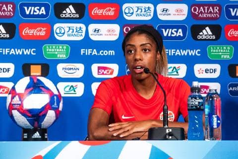190623 Ashley Lawrence of Canada during a press conference, PK, Pressekonferenz on June 23, 2019 in Paris. Photo: Simon Hastegard Bildbyran Kod SH 180085 bbeng fotboll football fotball soccer dam women kvinner frankrike france vm vm 2019 verdensmesterskap världsmästerskap fifa women s world cup 2019 world cup canada kanada presskonferens Copyright: SIMONxHASTEGARD BB190623SH094