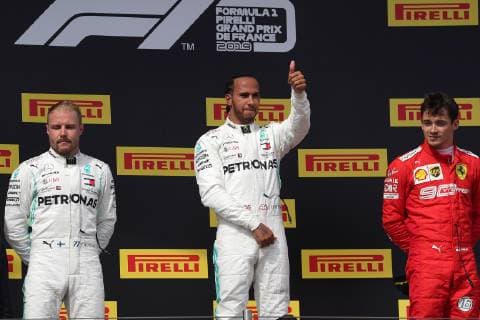 Photo4 LaPresse 23 06 2019 Le Castellet, France Grand Prix Formula One France 2019 In the pic: podium: 1st position Lewis Hamilton (GBR) Mercedes AMG F1 W10 2nd position Valtteri Bottas (FIN) Mercedes AMG F1 W10 3rd position Charles Leclerc (MON) Scuderia Ferrari SF90  Copyright: xPhoto4 LaPressex