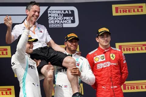 Le Castellet, France, 23.06.2019, Formel 1, Formula 1, French Grand Prix, Podium: Sieger Lewis Hamilton (GB 44), Mercedes-AMG Petronas Motorsport, 2.Platz für Valtteri Bottas (FIN 77), 3.Platz für Charles Leclerc (MCO 16), Scuderia Ferrari Mission Winnow ( Defodi-09-506-033925
