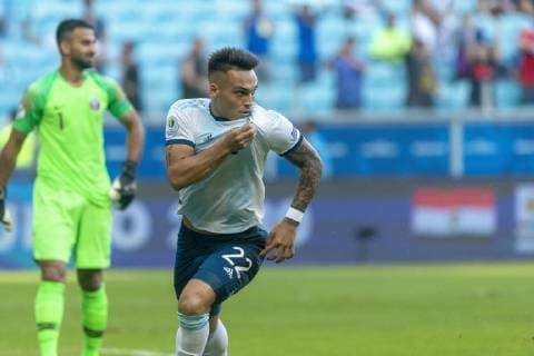 Qatar vs Argentina PORTO ALEGRE, RS - 23.06.2019: QATAR VS ARGENTINA - Lautaro Martínez celebrates the match between Qatar and Argentina, valid for the 2019 Copa América group stage, held this Sunday (23) at the Grêmio Arena in Porto Alegre, RS. (Photo: Raul Pereira Fotoarena) x1751613x  RaulxPereira