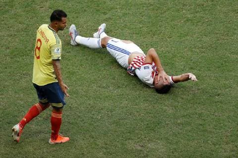 Paraguay s Cardozo (down) during the Copa America 2019 Group B soccer match between Colombia and Paraguay, at Arena Fonte Nova Stadium in Salvador, Brazil, 23 June 2019. Colombia vs. Paraguay !ACHTUNG: NUR REDAKTIONELLE NUTZUNG!  Copyright: xJoedsonxAlvesx SCA1663 20190623-636969223320270115