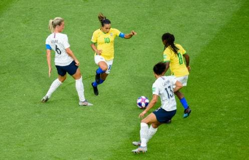 Amandine HENRY ( France ) - MARTA ( Brazil ) - Valerie GAUVIN ( France ) - FORMIGA ( Brazil ) FOOTBALL : France vs Bresil - Coupe du Monde Feminine - Le Havre - 23 06 2019 FedericoPestellini Panoramic 