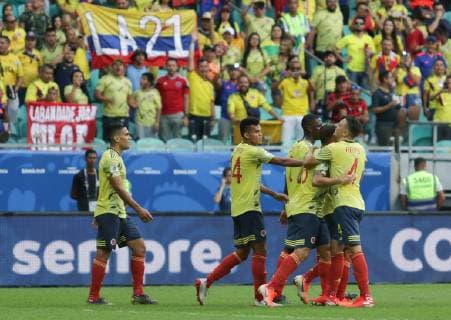 Colombia vs Paraguay SALVADOR, BA - 23.06.2019: COLOMBIA VS PARAGUAY - Players of the Colombian national team, Nationalteam celebrating goal during a match between Colombia and Paraguay, valid for the 2019 Copa America group stage, held this Sunday (23) at the Fonte Nova Arena in Salvador, Bahia, Brazil. (Photo: Tiago Caldas Fotoarena) x1751700x  TiagoxCaldas