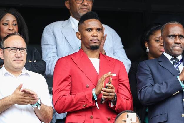 (190624) -- VALENCIENNES, June 24, 2019 -- Former football player of Cameroon Samuel Eto o reacts during a round of 16 match between England and Cameroon at the 2019 FIFA Women s World Cup in Valenciennes, France, June 23, 2019. England won 3-0. Shan Yuqi) (SP)FRANCE-VALENCIENNES-SOCCER-FIFA WOMEN S WORLD CUP-ROUND OF 16-ENG VS CMR DanxYuqi 