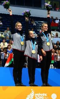 22.06.2019 Minsk(Belarus) 2nd Europaspiele Acrobatic Gymnastics — Women s Groups Dynamic medal ceremony Belgium gold medalists:Britt VANDERDONCKT, Charlotte VAN ROYEN,Talia De Troyer :Str 