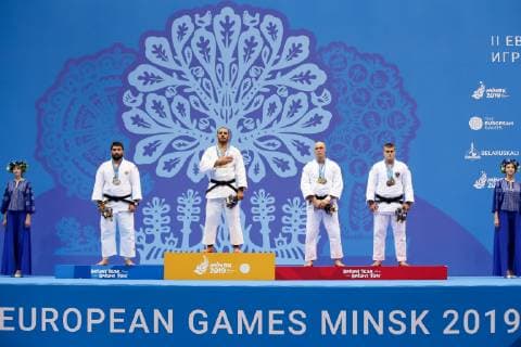 OLYMPICS - Europaspiele Minsk 2019 MINSK,BELARUS,24.JUN.19 - OLYMPICS - European Games Minsk 2019, judo, men +100kg, award ceremony. Image shows Inal Tasoev (RUS), Guram Tushishvili (GEO), Henk Grol (NED) and Stephan Hegyi (AUT). Keywords: medal. GEPAxpictures xChristianxWalgram