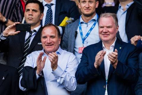 190624 Prime Minister of Sweden Stefan Löfven and President os the Swedish Football Federation Karl-Erik Nilsson in the stands during the FIFA WomenÂ s World Cup round of sixteen match between Sweden and Canada on June 24, 2019 in Paris. Photo: Simon Hastegard Bildbyran Kod SH 180086 bbeng fotboll football fotball soccer dam women kvinner frankrike france vm vm 2019 verdensmesterskap världsmästerskap fifa women s world cup 2019 world cup attondelsfinal knockout stage canada kanada sverige sweden Copyright: SIMONxHASTEGARD BB190624SH030
