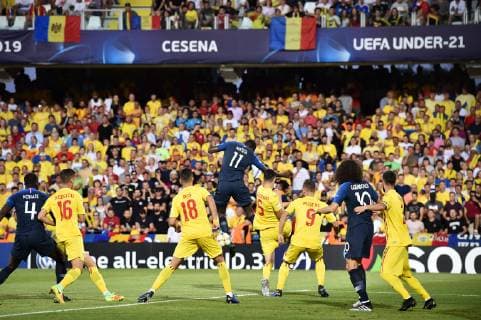 Photo Massimo Paolone LaPresse June 24, 2019 Cesena, Italy soccer France vs Romania - UEFA Under 21 Championship Italy 2019 - Group stage final tournament Group C - "Dino Manuzzi" stadium. In the pic: Jean Philippe Mateta (Francia) competes for the ball with Ionut Nedelcearu (Romania)  Copyright: xMassimoxPaolone LaPressex