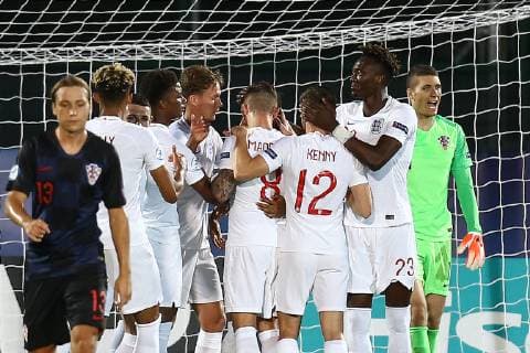Foto Andrea Rigano LaPresse 24 giugno 2019 San Marino, San Marino calcio Croazia vs Inghilterra - UEFA Europeo Under 21 Italia 2019 Nella foto: esultanza Inghilterra Foto Andrea Rigano LaPresse June 24, 2019 San Marino, San Marino sport soccer Croatia vs England - UEFA Under 21 Championship Italy 2019 - In the pic: celebration England  Copyright: xAndreaxRigano LaPressex
