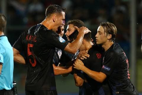 Foto Andrea Rigano LaPresse 24 giugno 2019 San Marino, San Marino calcio Croazia vs Inghilterra - UEFA Europeo Under 21 Italia 2019 Nella foto: esultanza Croazia Foto Andrea Rigano LaPresse June 24, 2019 San Marino, San Marino sport soccer Croatia vs England - UEFA Under 21 Championship Italy 2019 - In the pic: Croatia celebration  Copyright: xAndreaxRigano LaPressex