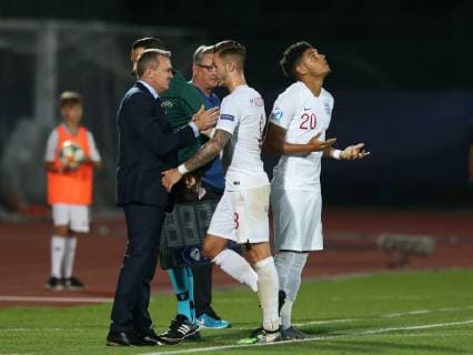 Morgan Gibbs-White of England replaces James Maddison of England during the UEFA Under-21 Championship 2019 match at San Marino Stadium, Serravalle. Picture date: 24th June 2019. Picture credit should read: Jonathan Moscrop Sportimage EDITORIAL USE ONLY. No use with unauthorised audio, video, data, fixture lists, club league logos or live services. Online in-match use limited to 120 images, no video emulation. No use in betting, games or single club league player publications. SPI-0105-0030