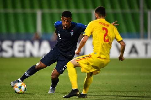 Photo Massimo Paolone LaPresse June 24, 2019 Cesena, Italy soccer France vs Romania - UEFA Under 21 Championship Italy 2019 - Group stage final tournament Group C - "Dino Manuzzi" stadium. In the pic: Kelvin Amian (Francia) competes for the ball with Radu Boboc (Romania)  Copyright: xMassimoxPaolone LaPressex
