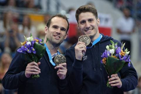 Sport Bilder des Tages Sebastien Martiny (dark and thin hair) and Allan Morante, FRA, after synchronized final at the 2nd Europaspiele in Minsk; 24 06 2019 -