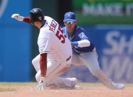Kansas City Royals Nicky Lopez tags out Cleveland Indians Roberto Perez at second base in Cleveland, Ohio Wednesday June 26, 2019.  CLE20192606129 AARONxJOSEFCZYK