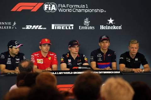 Photo4 LaPresse 27 06 2019 Spielberg, Austria Grand Prix Formula One Austria 2019 In the pic: press conference, PK, Pressekonferenz Sergio Perez (MEX) Racing Point F1 Team RP19 Charles Leclerc (MON) Scuderia Ferrari SF90 Max Verstappen (NED) Red Bull Racing RB15 Alexander Albon (THA) Scuderia Toro Rosso STR14  Copyright: xPhoto4 LaPressex