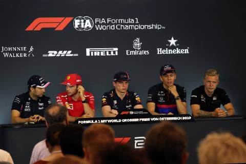 Photo4 LaPresse 27 06 2019 Spielberg, Austria Grand Prix Formula One Austria 2019 In the pic: press conference, PK, Pressekonferenz Sergio Perez (MEX) Racing Point F1 Team RP19 Charles Leclerc (MON) Scuderia Ferrari SF90 Max Verstappen (NED) Red Bull Racing RB15 Alexander Albon (THA) Scuderia Toro Rosso STR14 Kevin Magnussen (DEN) Haas F1 Team VF-19  Copyright: xPhoto4 LaPressex