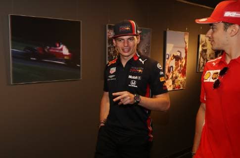 FORMULA 1 - GP of Austria 2019 SPIELBERG,AUSTRIA,27.JUN.19 - MOTORSPORTS, FORMULA 1 - Grand Prix of Austria, Red Bull Ring, preview, press conference, PK, Pressekonferenz Image shows Max Verstappen (NED Red Bull Racing) and Charles Leclerc (MON Ferrari). GEPAxpictures xAndreasxPranter