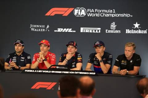 27th June 2019, Red Bull Ring, Spielberg, Austria; FIA Formula 1 Grand Prix, Driver Arrival day; SportPesa Racing Point, Sergio Perez, Scuderia Ferrari, Charles Leclerc, Aston Martin Red Bull Racing, Max Verstappen, Scuderia Toro Rosso, Alexander Albon and Rich Energy Haas F1 Team, Kevin Magnussen  ActionPlus12148363 Octane
