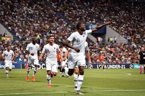 Photo Massimo Paolone LaPresse June 27, 2019 Reggio Emilia, Italy soccer Spain vs France - UEFA Under 21 Championship Italy 2019 - Semi-finals - "Mapei - Citt& xe0; del Tricolore" stadium. In the pic: Jean Philippe Mateta (Francia) celebrates after scoring goal 0-1  Copyright: xMassimoxPaolone LaPressex