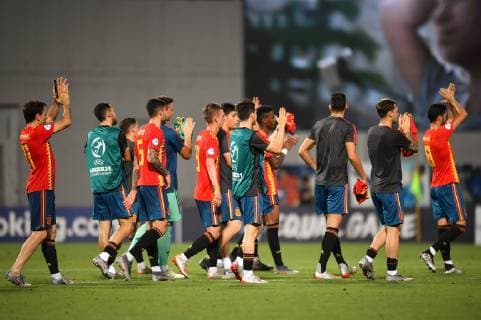 Photo Massimo Paolone LaPresse June 27, 2019 Reggio Emilia, Italy soccer Spain vs France - UEFA Under 21 Championship Italy 2019 - Semi-finals - "Mapei - Citt& xe0; del Tricolore" stadium. In the pic: the players of Spain celebrate for the victory  Copyright: xMassimoxPaolone LaPressex