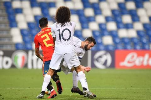 Photo Massimo Paolone LaPresse June 27, 2019 Reggio Emilia, Italy soccer Spain vs France - UEFA Under 21 Championship Italy 2019 - Semi-finals - "Mapei - Citt& xe0; del Tricolore" stadium. In the pic: Lucas Tousart (Francia) competes for the ball with Marc Roca (Spagna)  Copyright: xMassimoxPaolone LaPressex