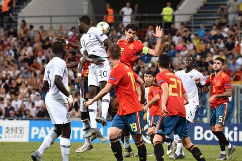 Photo Massimo Paolone LaPresse June 27, 2019 Reggio Emilia, Italy soccer Spain vs France - UEFA Under 21 Championship Italy 2019 - Semi-finals - "Mapei - Citt& xe0; del Tricolore" stadium. In the pic: Marcus Thuram (Francia) competes for the ball with Jesus Vallejo (Spagna)  Copyright: xMassimoxPaolone LaPressex
