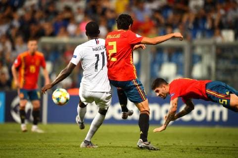 Photo Massimo Paolone LaPresse June 27, 2019 Reggio Emilia, Italy soccer Spain vs France - UEFA Under 21 Championship Italy 2019 - Semi-finals - "Mapei - Citt& xe0; del Tricolore" stadium. In the pic: Jean Philippe Mateta (Francia) competes for the ball with Jesus Vallejo (Spagna)  Copyright: xMassimoxPaolone LaPressex