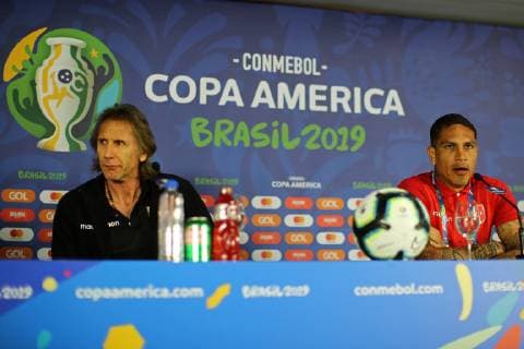 28th June 2019, Salvador, Brazil; Peru national team, Nationalteam press conference, PK, Pressekonferenz at the Arena Fonte Nova Stadium, Salvador, Brazil; Head coach Ricardo Gareca and Paolo Guerrero of Peru  ActionPlus12148763 HeulerxAndrey