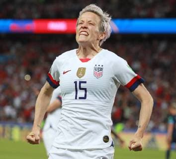 Megan Rapinoe of Team USA reacts after scoring a goal during the FIFA Women s World Cup quarterfinal match between the United States and France at the Parc des Princes near Paris on June 28, 2019. Team USA defeated France by the score of 2-1.  PAR201906287016 DAVIDxSILPA